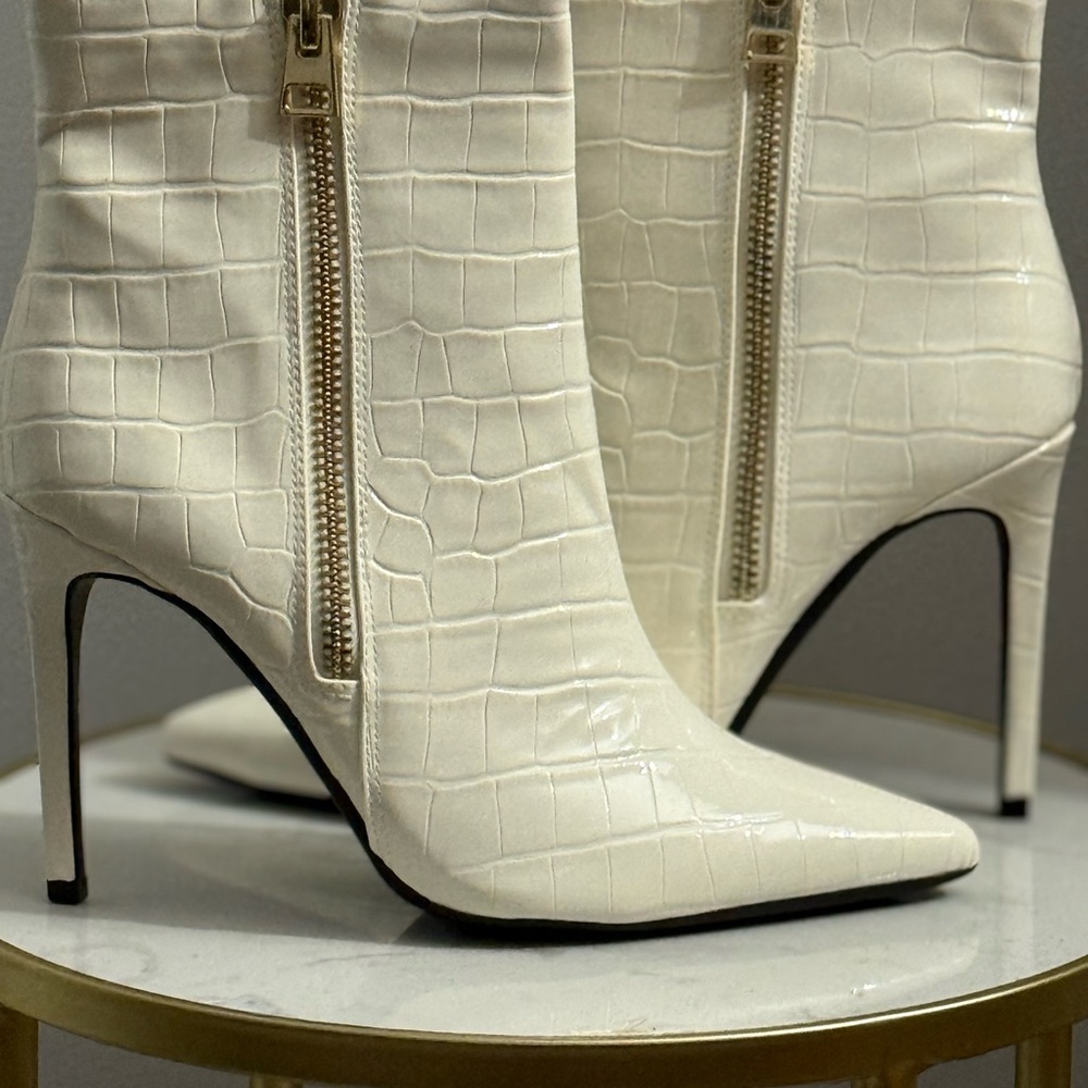 INC Patent Leather Cream Croc Embossed Stiletto Boots NIB